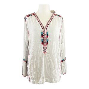 Johnny Was Ybom Aztec Velvet Embroidered Tunic Womens Small White Red Blue